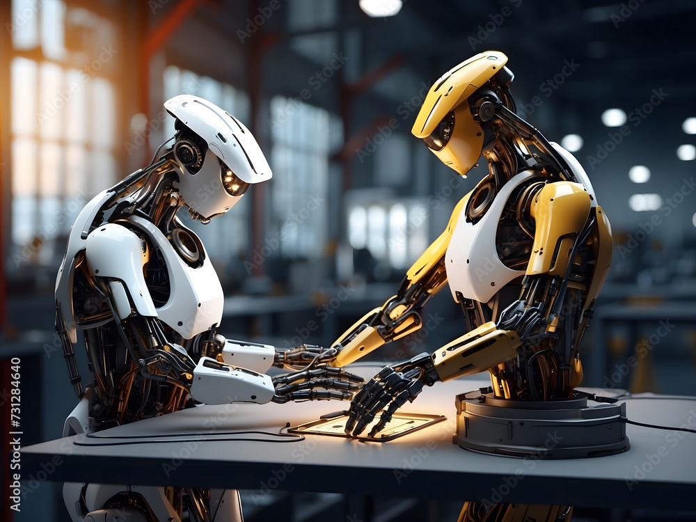 Poster iot software to control robot arms operations for smart industry automation manufacturing mixed digi