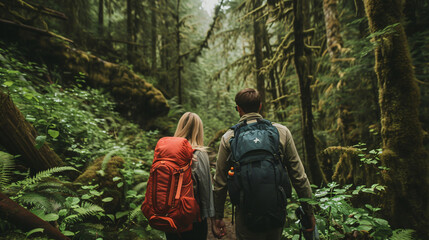A couple journeying through a breathtaking lush forest, immersing themselves in the beauty of nature. Together, they embark on thrilling adventures, discovering hidden waterfalls, captivatin