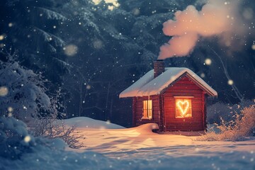 a small red wooden house with heart shape window, in a snowy winter landscape