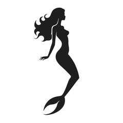 Fototapeta premium Silhouette of a mermaid with flowing hair and a gracefully curved tail, set against a white background.