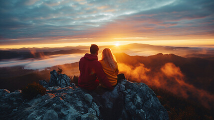 A mesmerizing moment as two lovebirds embrace, gazing at the ethereal sunrise slowly painting the sky with vibrant hues. Their silhouettes against the mountain's silhouette exude romance and - obrazy, fototapety, plakaty