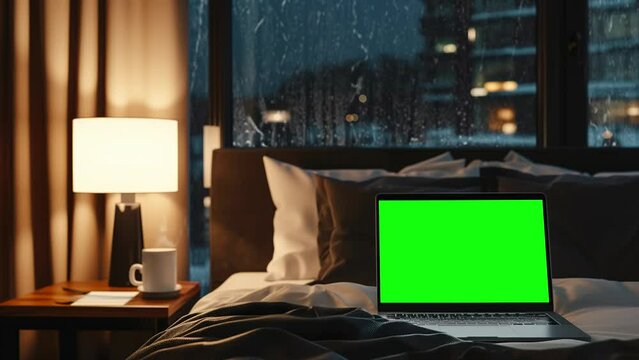Laptop with replaceable chroma key screen in apartment bedroom before wide window with rainy cityscape, looped footage