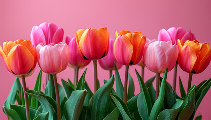 Pink and orange tulips on the pink background. Flat lay, top view. Valentines background. Horizontal, banner format Copy space. Spring design