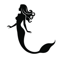 Silhouette of a graceful mermaid with flowing hair on a plain white background.