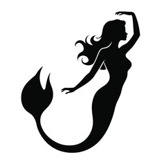 Silhouette of a mythical mermaid with flowing hair and curvy tail set against a plain background.