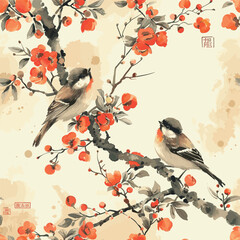 Birds, Blossom Pattern Tile. Print Design Seamless Patterns.