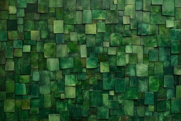 green mosaic geometric background with abstract blocks, canvas paper texture, light and shadow 