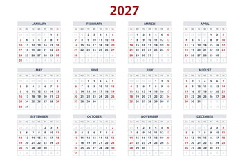 Quarter calendar template for 2027 year. Wall calendar grid in a minimalist style. Week Starts on Sunday.