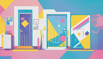Different colorful and artistically with shapes and colors designed doors in a graphically designed illustration