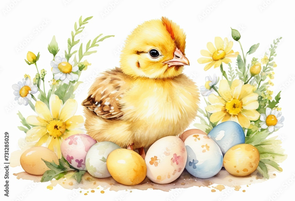 Wall mural Cute Baby chick with eggs Little yellow chicken with spring flowers Pastel watercolor White background Happy Easter banner Good for postcards, poster, kid's room, canvas, Generative AI