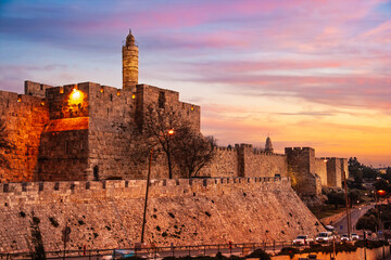 View of the old city wall of Jerusalem on the Tower of David and traffic around the city centre. Jerusalem, Israel - 731285017
