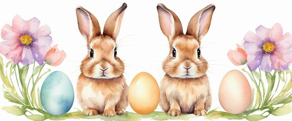 Obraz premium Two Easter bunnies with eggs Hare with flowers Pastel watercolor White background Happy Easter banner with cute rabbits Generative AI