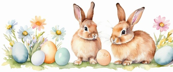 Fototapeta na wymiar Two Easter bunnies with eggs and daisies Hare with flowers Pastel watercolor White background Happy Easter banner with cute rabbits Generative AI