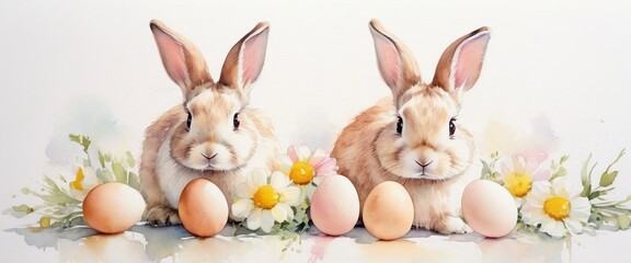 Two Easter bunnies with eggs and daisy Hare with flowers on pastel white background Happy Easter banner with cute rabbit Generative AI