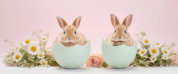 Foto op Plexiglas two Easter bunnies hatching out of an Easter egg Hare with daisies flowers on pastel background Happy Easter banner with cute rabbit Generative AI © Jelena Rose