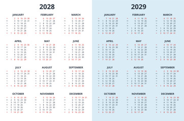 Calendar template for 2028, 2029 year. Wall calendar grid in a minimalist style. Week Starts on Sunday. - obrazy, fototapety, plakaty