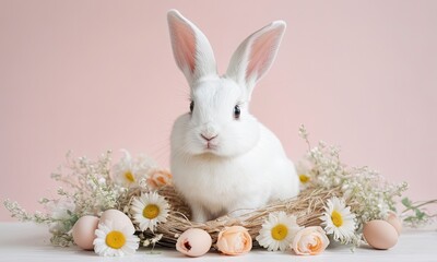 Easter in nest Hare with flowers on pastel background Happy Easter banner with cute rabbit Generative AI