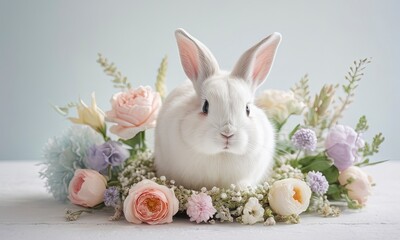 Naklejka na ściany i meble Easter in floral nest Hare with flowers on pastel background Happy Easter banner with cute rabbit Generative AI
