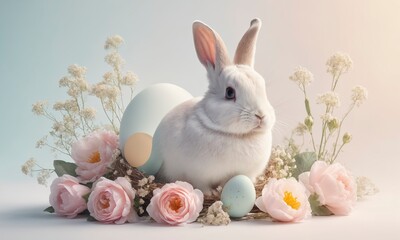 Naklejka na ściany i meble Easter bunny with egg and roses Hare with flowers on pastel background Happy Easter banner with cute rabbit Generative AI