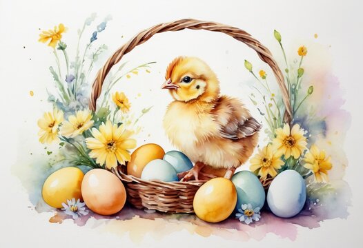Cute Baby chick with eggs in basket Little yellow chicken with spring flowers Pastel watercolor White background Happy Easter banner Good for postcards, poster, kid's room, canvas, Generative AI