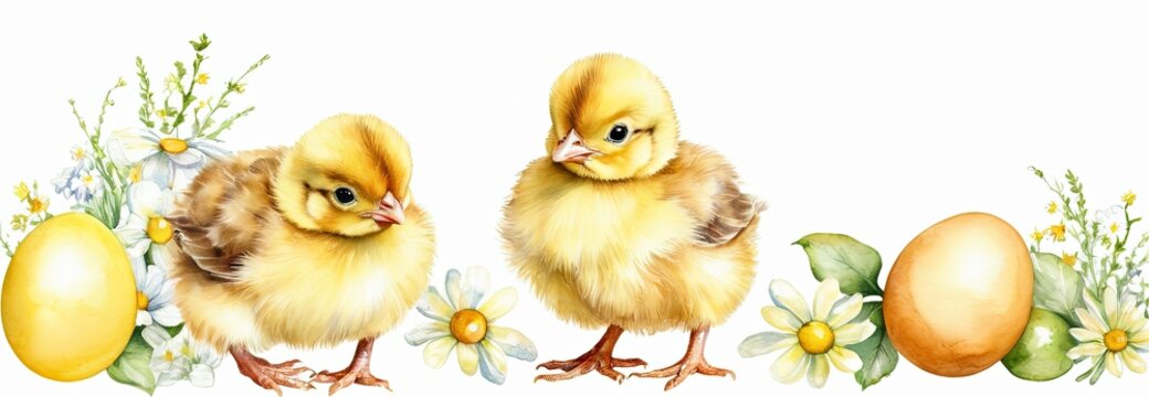 Two cute Baby chick with eggs Little yellow chicken with flowers Pastel watercolor White background Happy Easter banner Generative AI