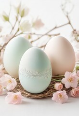 Easter eggs colored in nest Elegant ornament Blue and Pink Pastel colors background Spring Flowers Good for Happy Easter banner, cookbooks, ingredients, healthy food blog. Generative AI