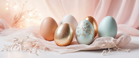 Easter eggs colored in golden metallic glitter color with elegant ornament Blue and Pink pastel...