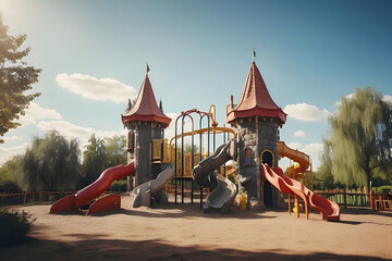 Kids castle playground on a sunny day design. Ai. Park, gardening design. - obrazy, fototapety, plakaty