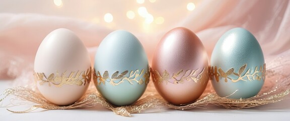 Glamorous silver metallic ornament easter eggs, colored pastel colors, lights in the background,...
