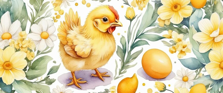 Cute chick and eggs Yellow and white background Surrounded by flowers and eggs Watercolor Pastel color Happy Easter banner Illustration Generative AI