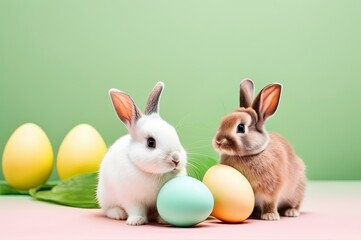 Obraz premium easter bunny and eggs, two rabbits on green color background Good for postcards, poster, kid's room, story book and canvas, Generative AI