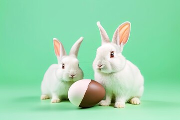 Fototapeta premium easter bunnys and chocolate egg, two rabbits, green color background Good for postcards, poster, kid's room, story book and canvas, Generative AI