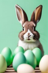 Obraz premium easter bunny and eggs, green color eggs and background Good for postcards, poster, kid's room, story book and canvas, Generative AI