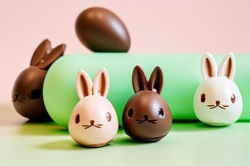 chocolate easter bunnys - eggs form, pink, green and brown colors. Good for postcards, poster, kid's room and canvas, Generative AI