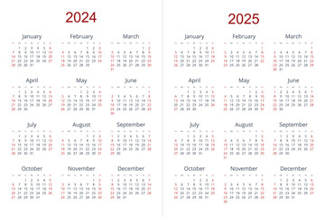 Quarter calendar template for 2024, 2025 year. Wall calendar grid in a minimalist style. Week Starts on Sunday