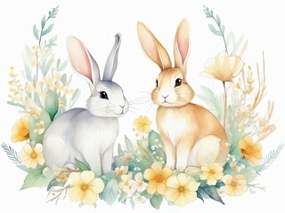 Obraz premium easter bunnys with flowers Watercolor art. Good for postcards, poster, kid's room, story book and canvas, Generative AI 