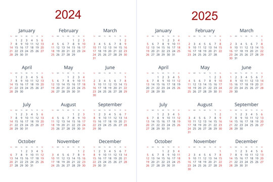 Quarter calendar template for 2024, 2025 year. Wall calendar grid in a minimalist style. Week Starts on Sunday