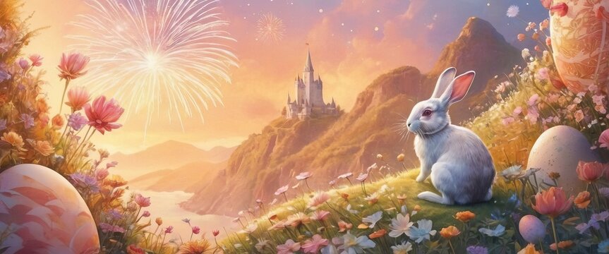 the Easter Bunny looks at the fireworks, sunset in the mountains, castle, eggs, Happy Easter day in fairy tale world. Good for postcards, poster, kid's room, story book and canvas, Generative AI	