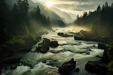 Foto op Aluminium Sunlight breaking through mist over a rugged river landscape © Ihor