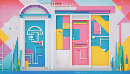 Different colorful and artistically with shapes and colors designed doors in a graphically designed illustration - obrazy, fototapety, plakaty