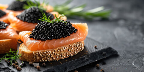 Gourmet Salmon and Caviar Appetizer. Elegant canapés with smoked salmon topped with sturgeon black caviar, copy space. - obrazy, fototapety, plakaty