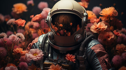 An astronaut's suit amidst a sea of flowers symbolizes a surreal blend of space exploration and earthly beauty - obrazy, fototapety, plakaty