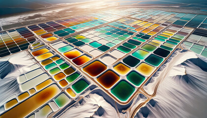 The traditional process of extracting lithium from brine is through evaporation ponds. Chile, Australia and Argentina are the biggest providers of Lithium - obrazy, fototapety, plakaty