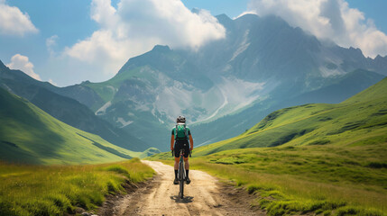 A fearless cyclist conquering the untamed wilderness, pedaling through a breathtaking mountain trail. Embodying the spirit of adventure and the love for outdoor sports.