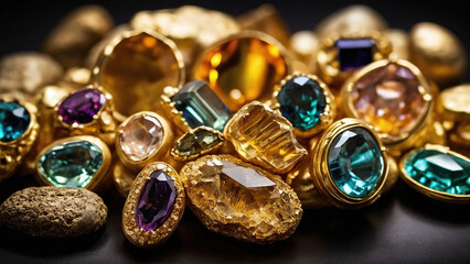 Close-up of gold nuggets mixed with precious stones. Selective focus. Success, business and store concept.