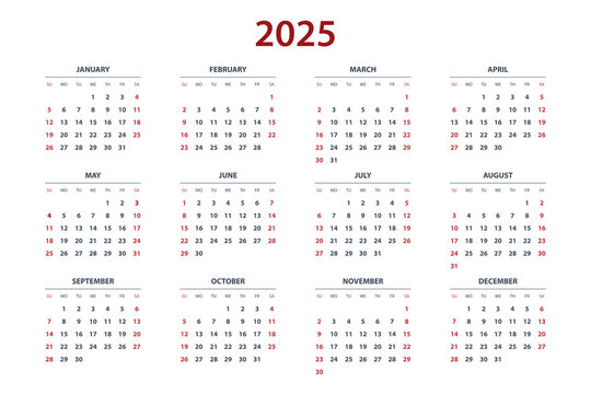 Quarter calendar template for 2025 year. Wall calendar grid in a minimalist style. Week Starts on Sunday.