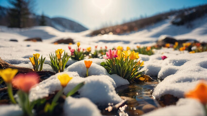 The first everlasting flowers grow from under the snow. Close-up. Selective focus.