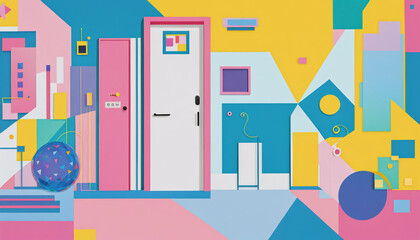 Different colorful and artistically with shapes and colors designed doors in a graphically designed illustration