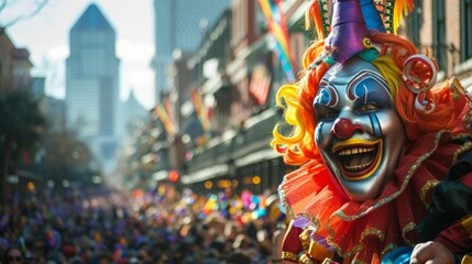 Fototapeta premium Vibrant snapshots capturing elaborate floats and costumed revelers during Mardi Gras celebrations