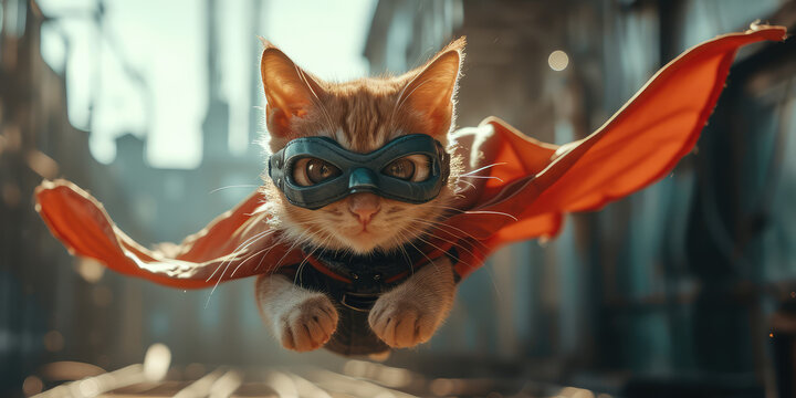 Superhero Kitty in Flight. A charming funny kitten with superhero cape and mask , embodying whimsy and adventure.